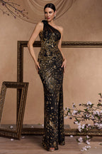 Elara Black One Shoulder Print Maxi Dress