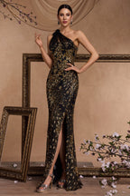 Elara Black One Shoulder Print Maxi Dress