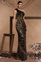 Elara Black One Shoulder Print Maxi Dress