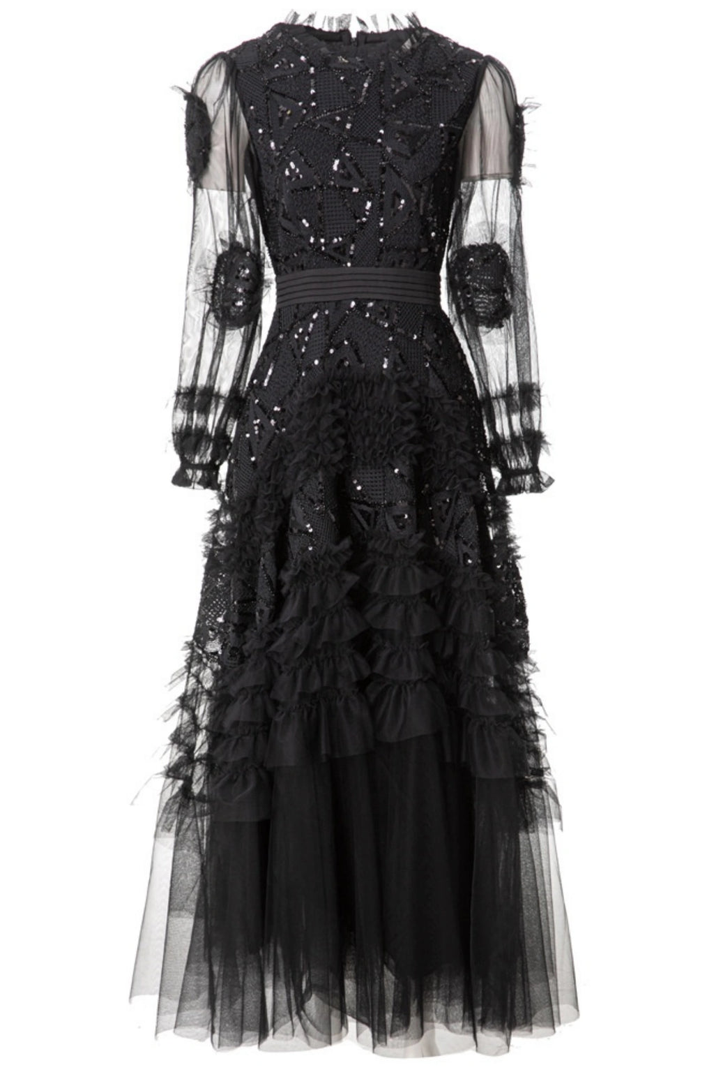 Eliana Embroidered Sequin Mesh Maxi Dress In Black