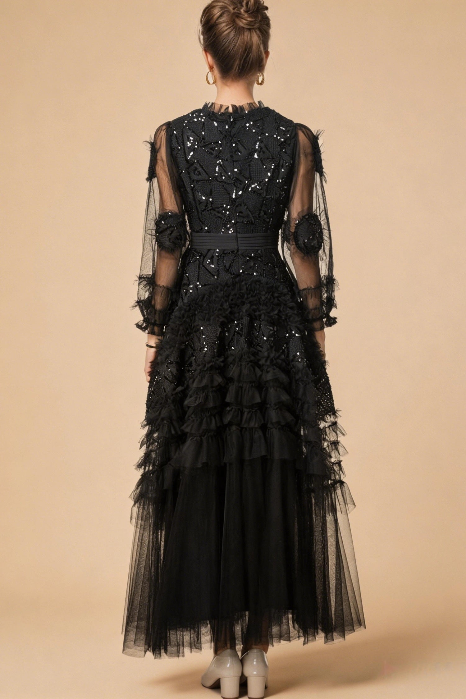 Eliana Embroidered Sequin Mesh Maxi Dress In Black