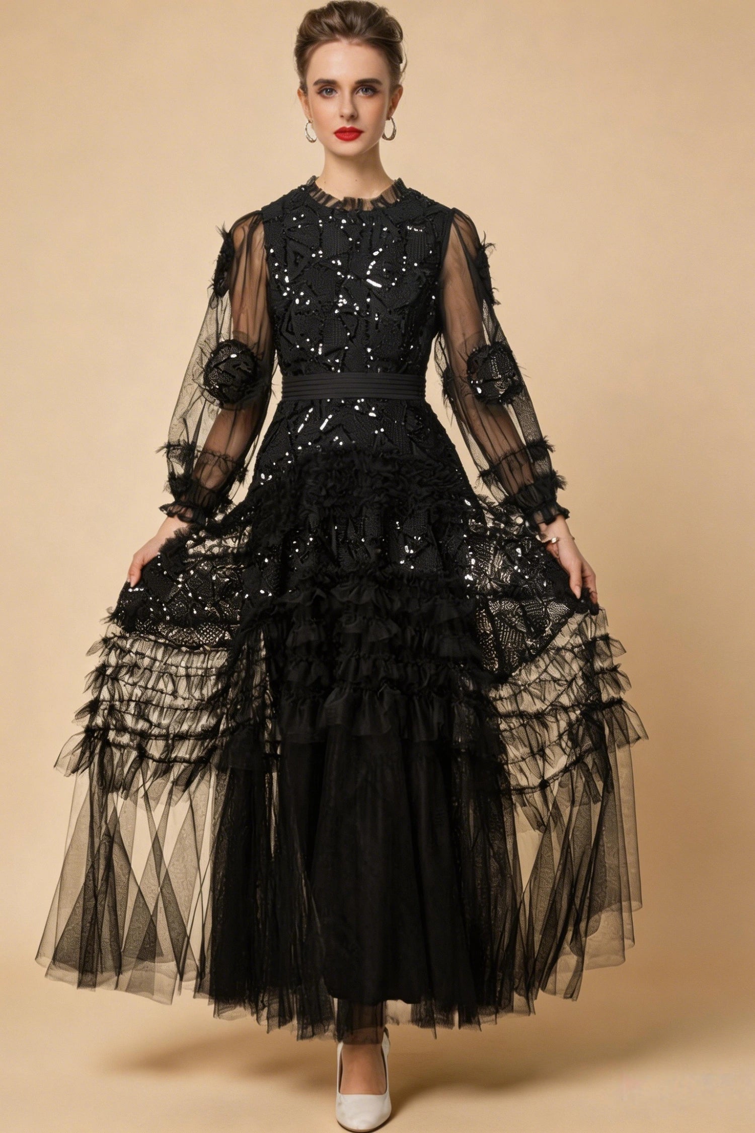 Eliana Embroidered Sequin Mesh Maxi Dress In Black