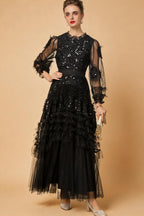 Eliana Embroidered Sequin Mesh Maxi Dress In Black