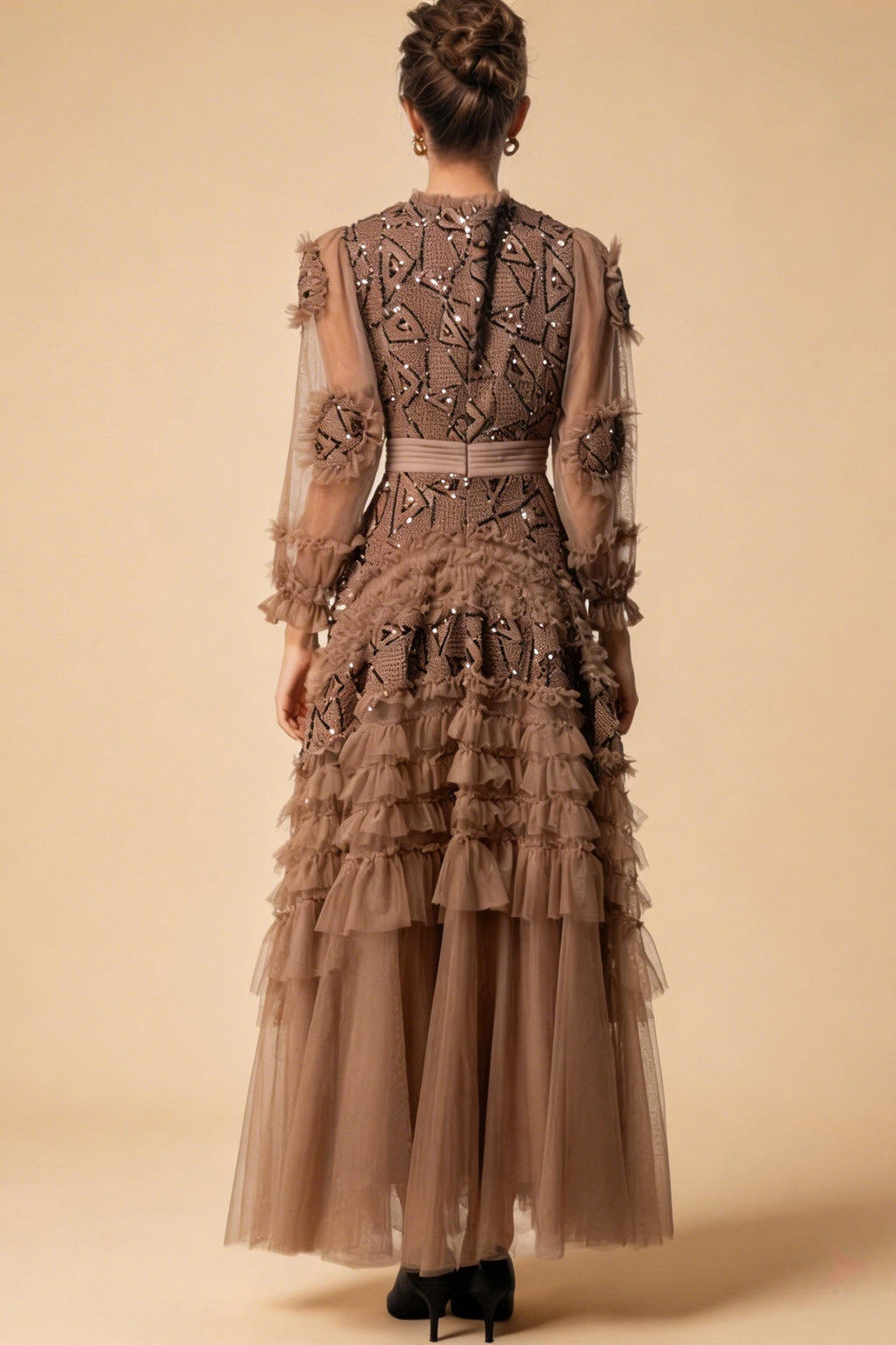Eliana Embroidered Sequin Mesh Maxi Dress In Brown