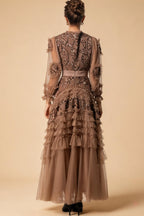 Eliana Embroidered Sequin Mesh Maxi Dress In Brown