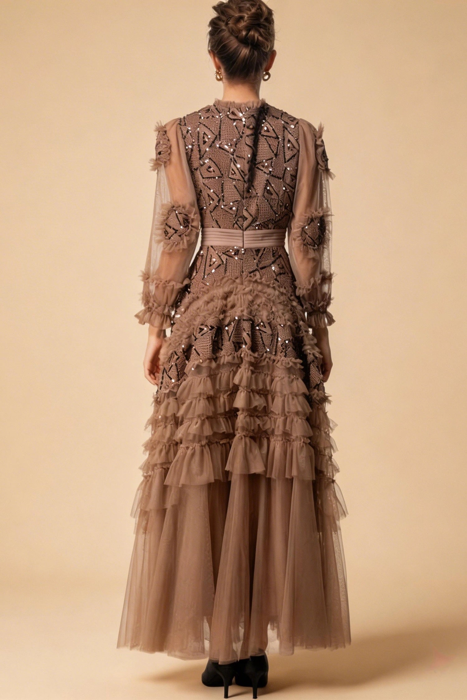 Eliana Embroidered Sequin Mesh Maxi Dress In Brown