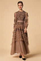 Eliana Embroidered Sequin Mesh Maxi Dress In Brown