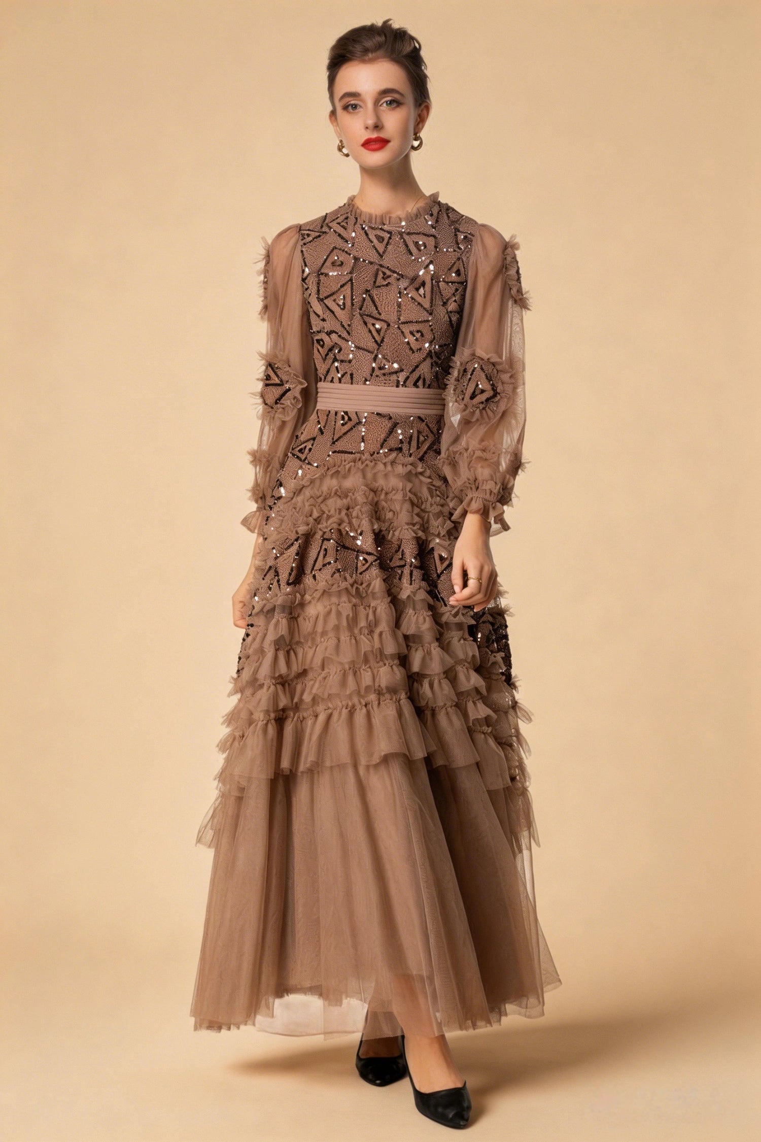 Eliana Embroidered Sequin Mesh Maxi Dress In Brown