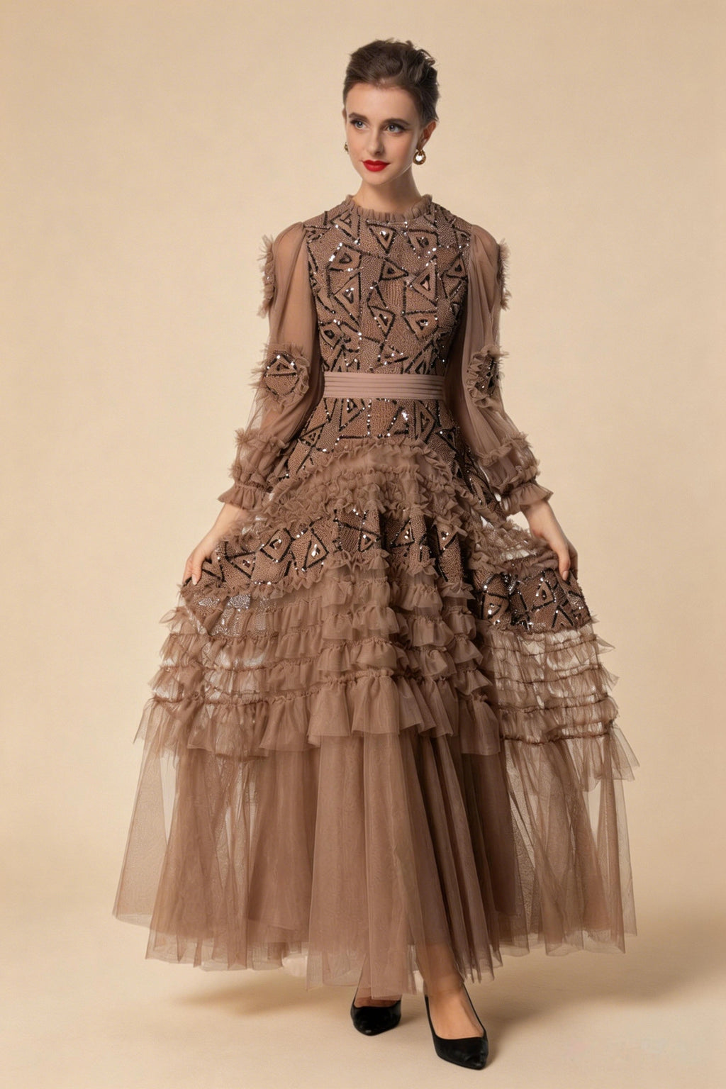 Eliana Embroidered Sequin Mesh Maxi Dress In Brown