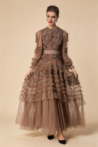 Eliana Embroidered Sequin Mesh Maxi Dress In Brown