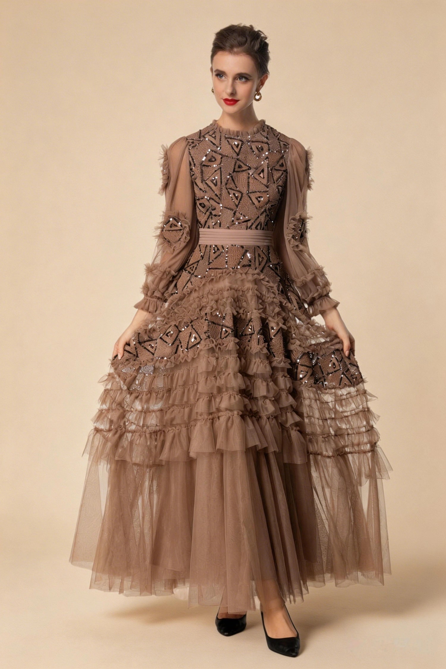 Eliana Embroidered Sequin Mesh Maxi Dress In Brown
