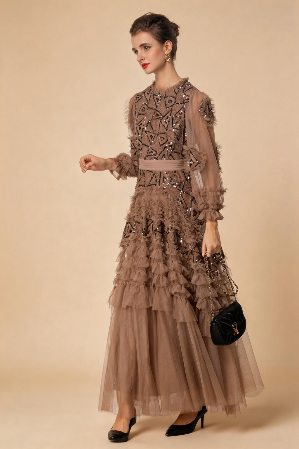 Eliana Embroidered Sequin Mesh Maxi Dress In Brown