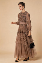 Eliana Embroidered Sequin Mesh Maxi Dress In Brown