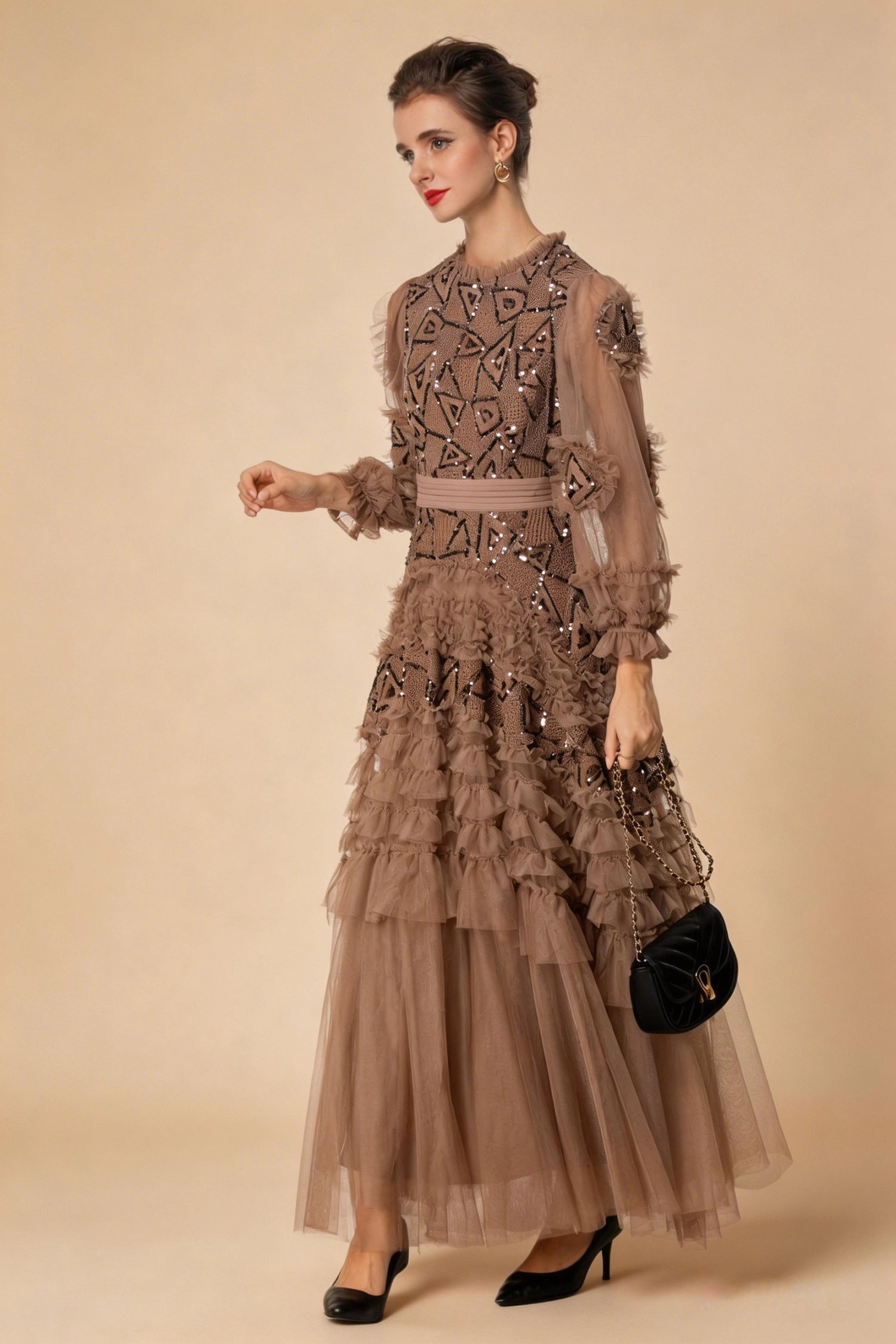 Eliana Embroidered Sequin Mesh Maxi Dress In Brown