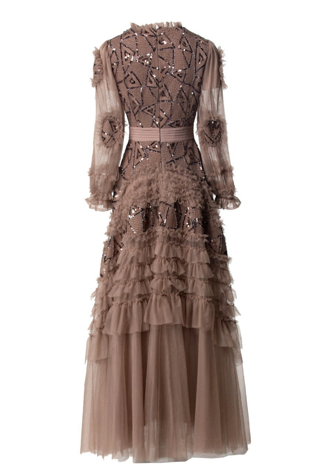 Eliana Embroidered Sequin Mesh Maxi Dress In Brown
