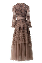 Eliana Embroidered Sequin Mesh Maxi Dress In Brown