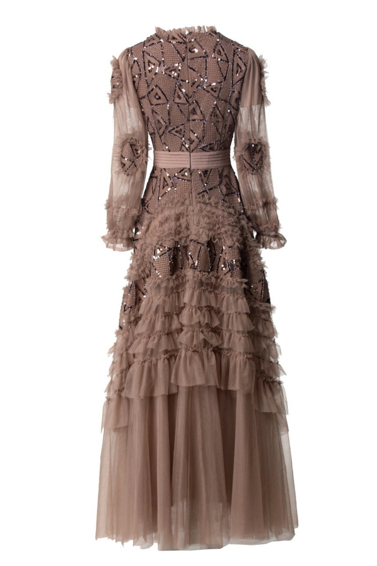 Eliana Embroidered Sequin Mesh Maxi Dress In Brown