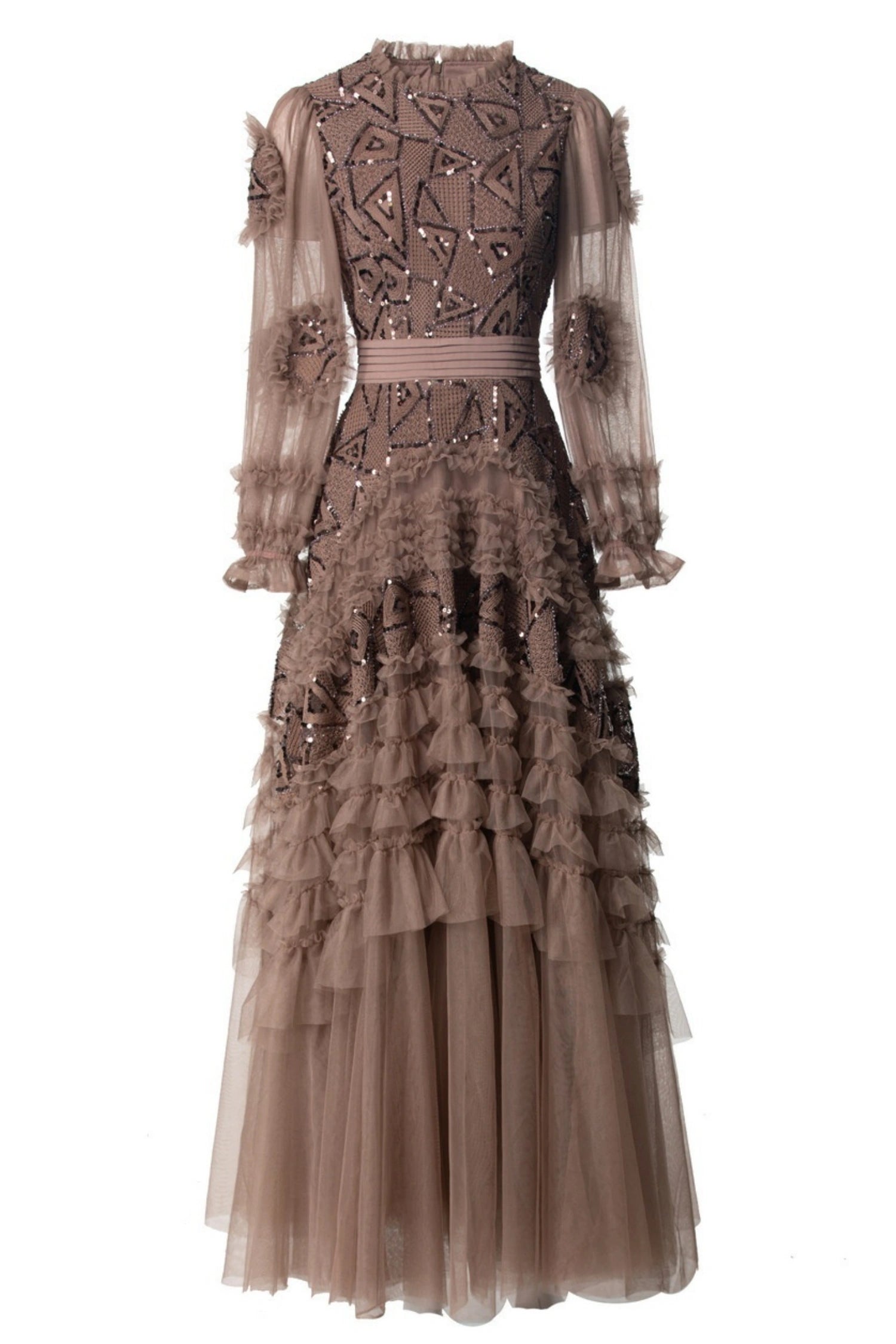 Eliana Embroidered Sequin Mesh Maxi Dress In Brown