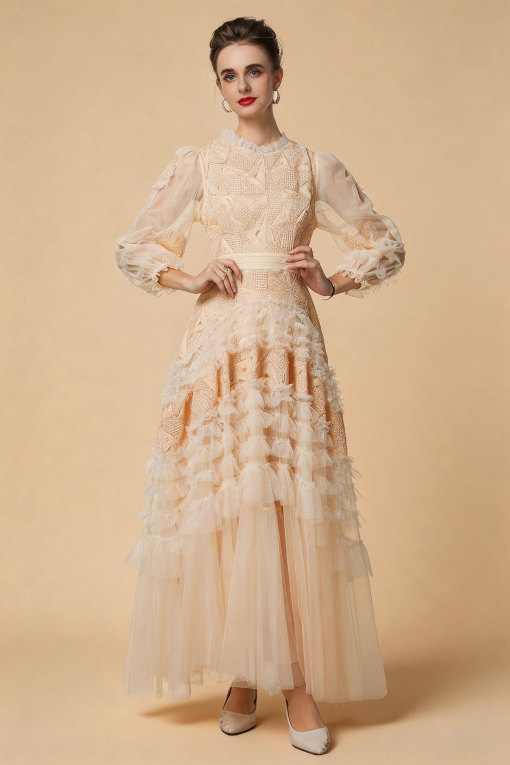 Eliana Embroidered Sequin Mesh Maxi Dress In Apricot