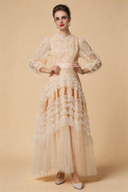Eliana Embroidered Sequin Mesh Maxi Dress In Apricot