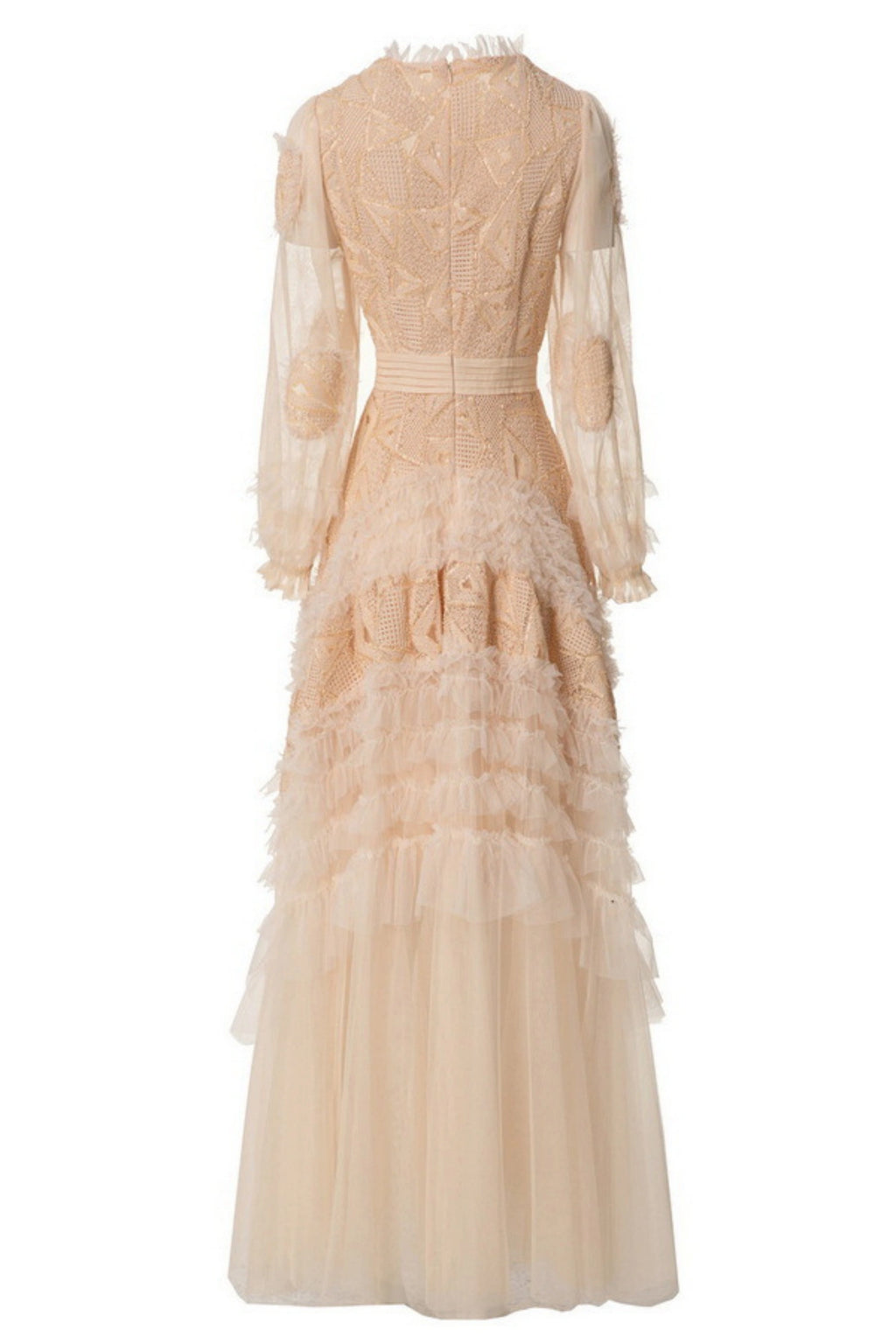 Eliana Embroidered Sequin Mesh Maxi Dress In Apricot