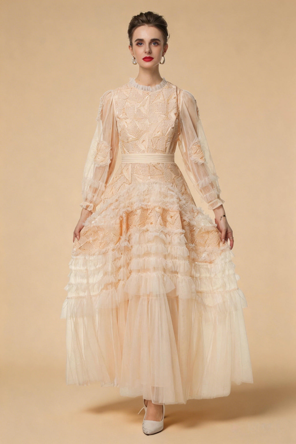 Eliana Embroidered Sequin Mesh Maxi Dress In Apricot