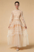 Eliana Embroidered Sequin Mesh Maxi Dress In Apricot
