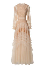 Eliana Embroidered Sequin Mesh Maxi Dress In Apricot