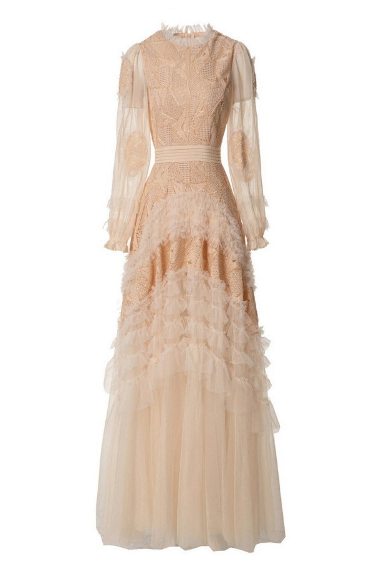 Eliana Embroidered Sequin Mesh Maxi Dress In Apricot