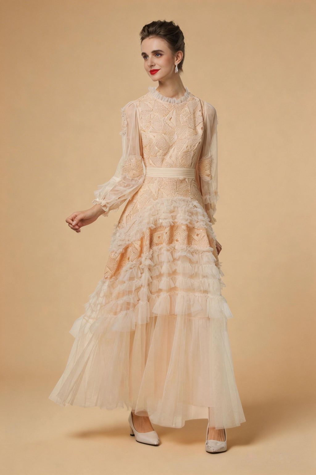 Eliana Embroidered Sequin Mesh Maxi Dress In Apricot