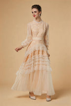 Eliana Embroidered Sequin Mesh Maxi Dress In Apricot