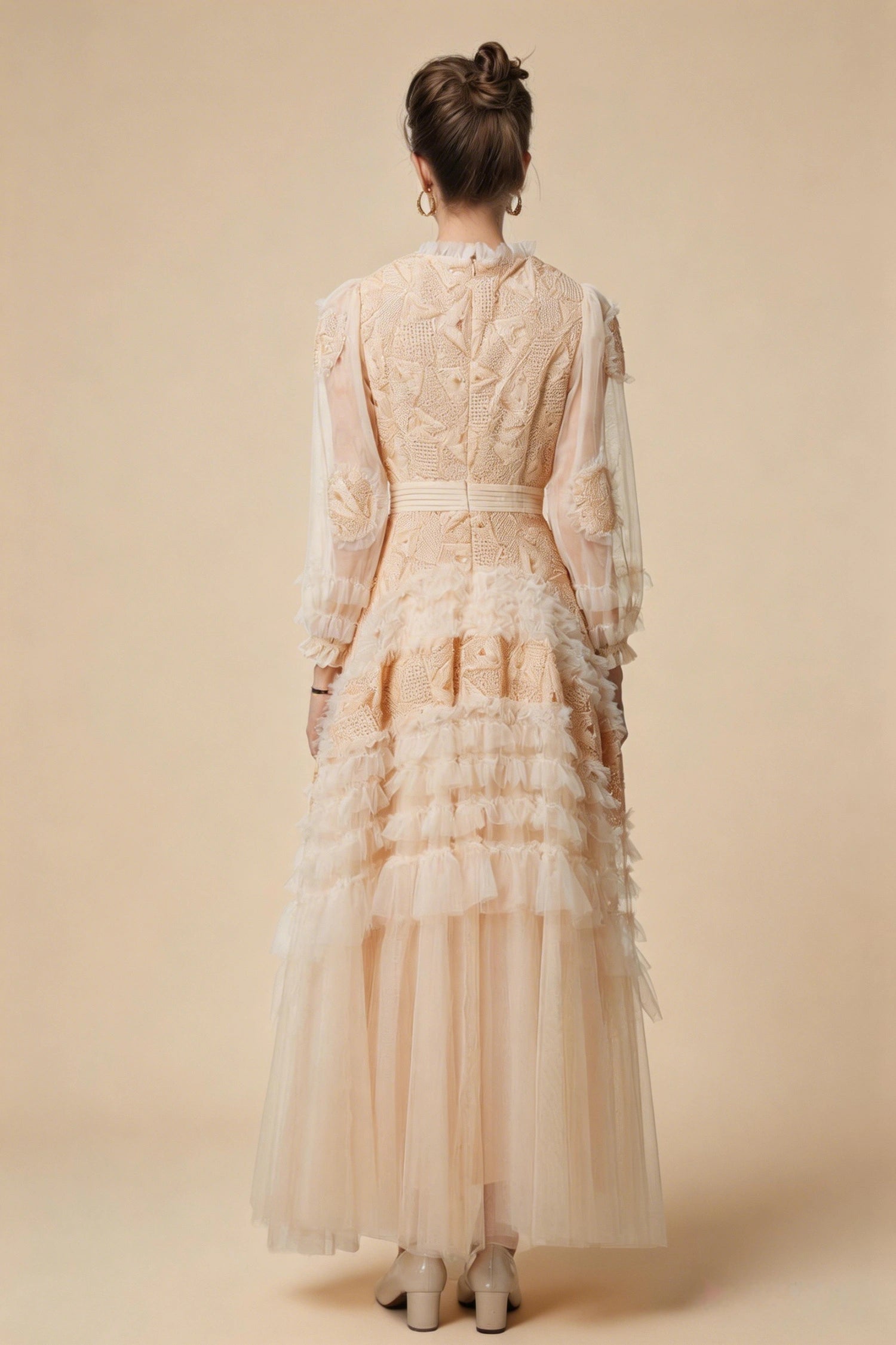Eliana Embroidered Sequin Mesh Maxi Dress In Apricot