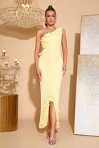 Elise Yellow 3D Floral Bodycon One-Shoulder Dress