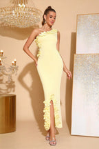 Elise Yellow 3D Floral Bodycon One-Shoulder Dress