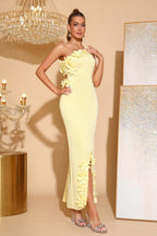Elise Yellow 3D Floral Bodycon One-Shoulder Dress
