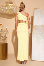 Elise Yellow 3D Floral Bodycon One-Shoulder Dress