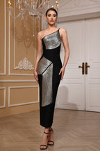 Eliza Black Tassel One Shoulder Bandage Maxi Dress
