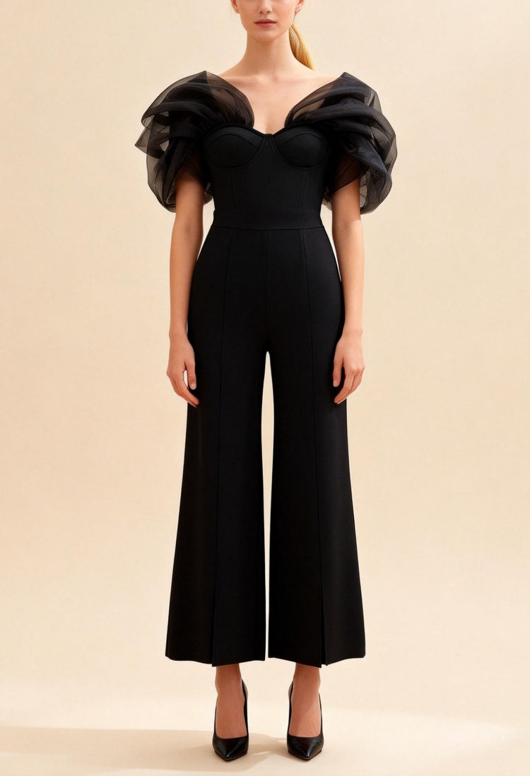 Eloise Black organza off-the-shoulder bandage jumpsuit