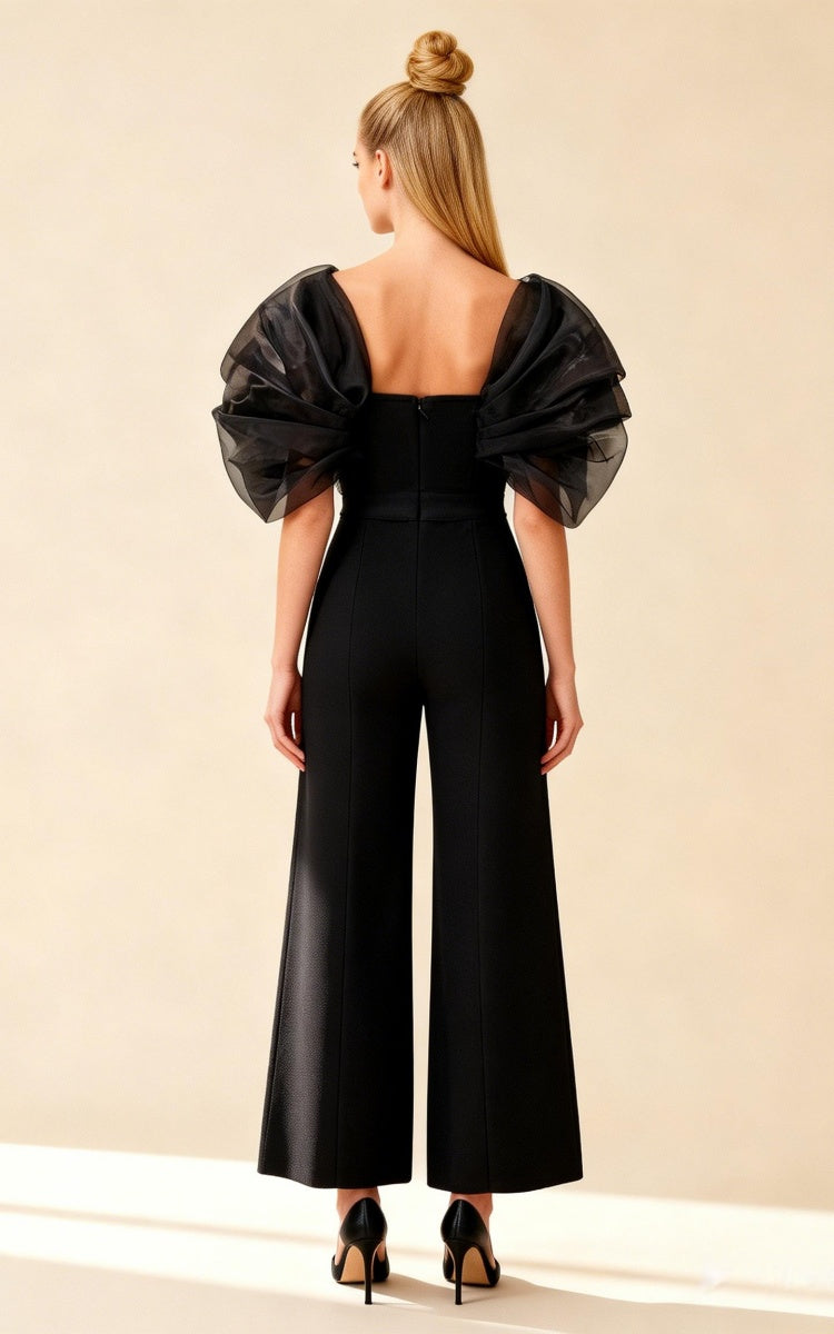 Eloise Black organza off-the-shoulder bandage jumpsuit