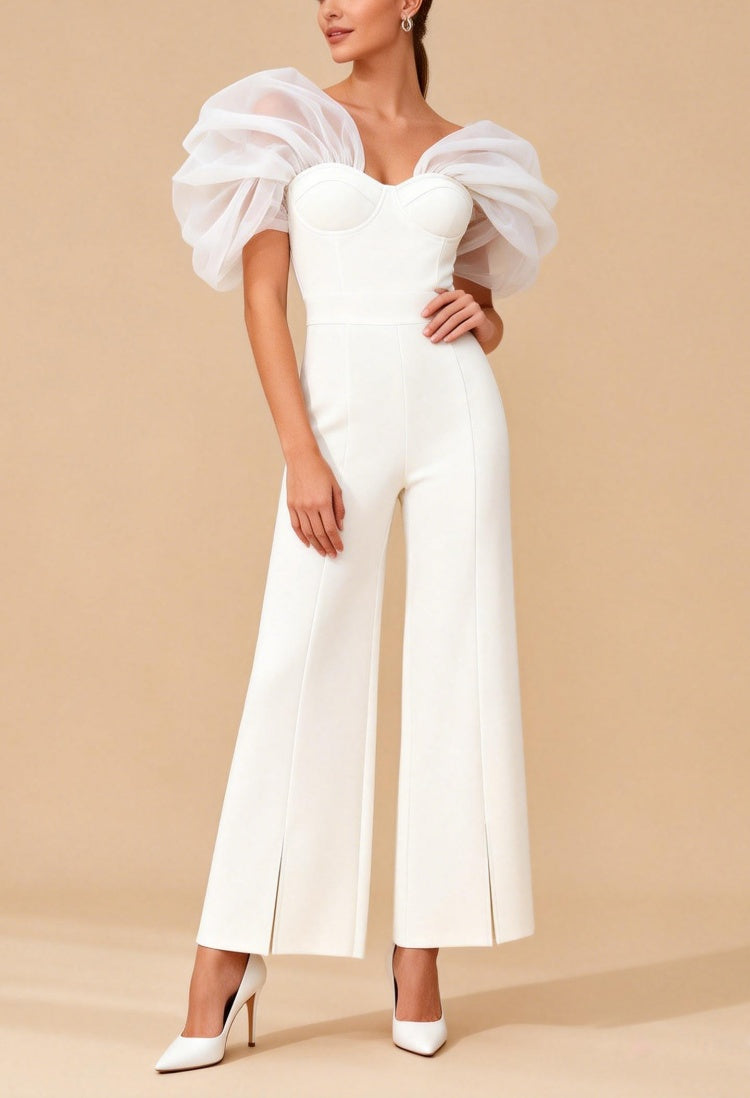 Eloise White organza off-the-shoulder bandage jumpsuit