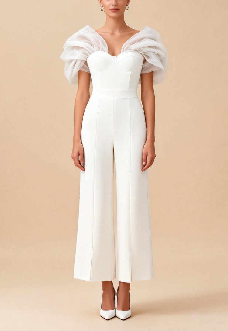 Eloise White organza off-the-shoulder bandage jumpsuit