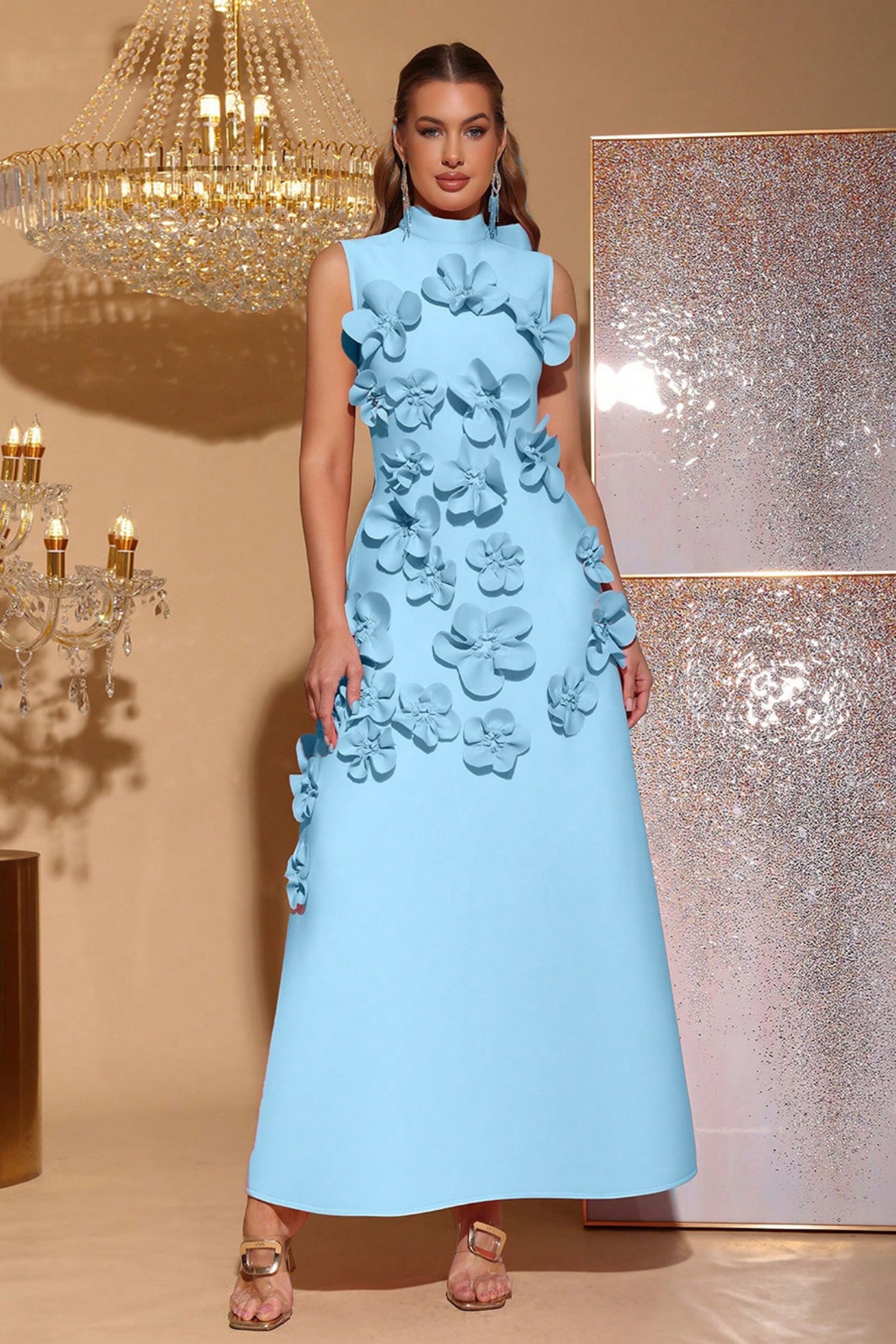Elton Sky Blue 3D Floral A-Line Maxi Dress Main image