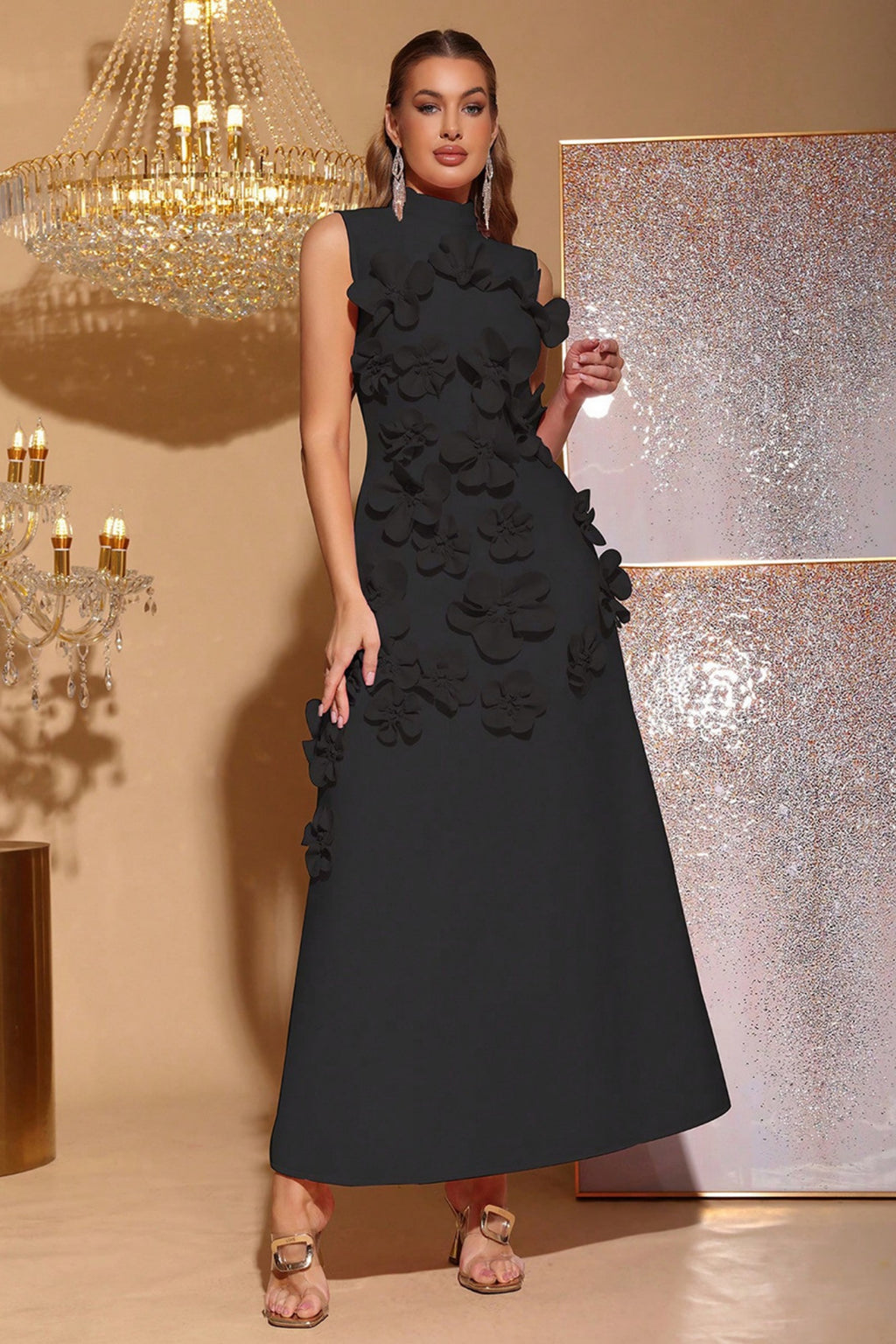 Elton Black 3D Floral A-Line Maxi Dress
