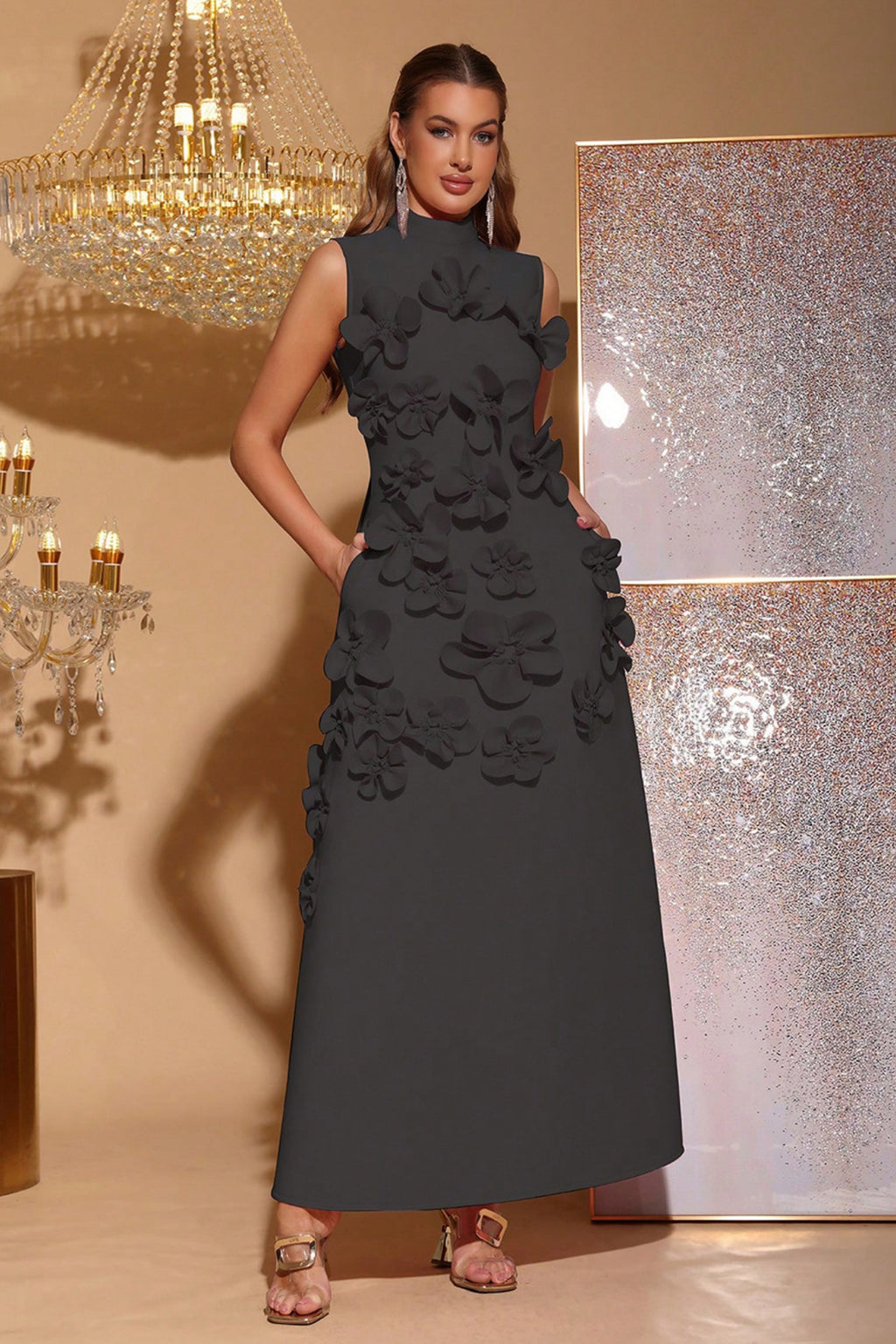 Elton Black 3D Floral A-Line Maxi Dress