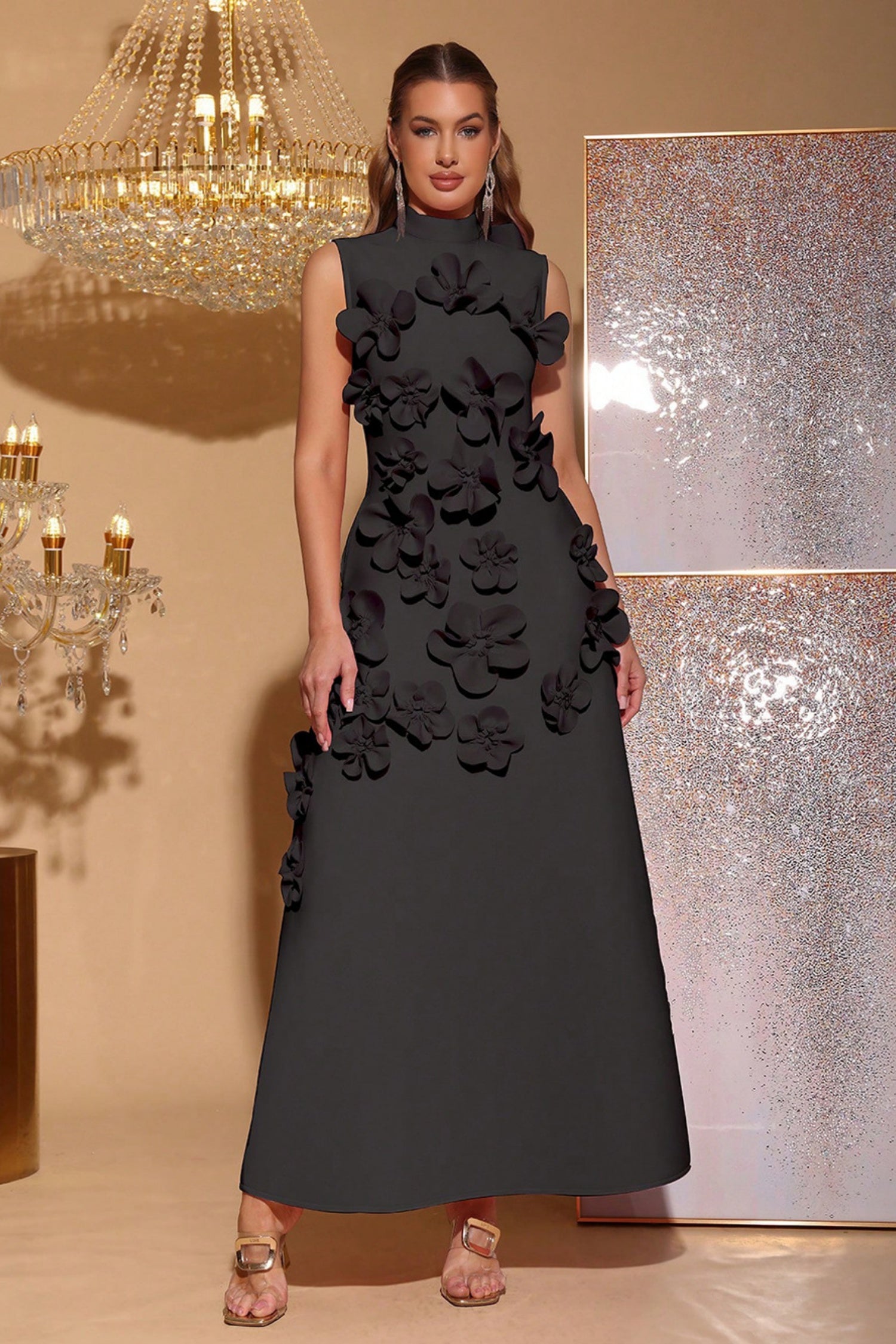 Elton Black 3D Floral A-Line Maxi Dress Main image