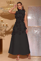 Elton Black 3D Floral A-Line Maxi Dress