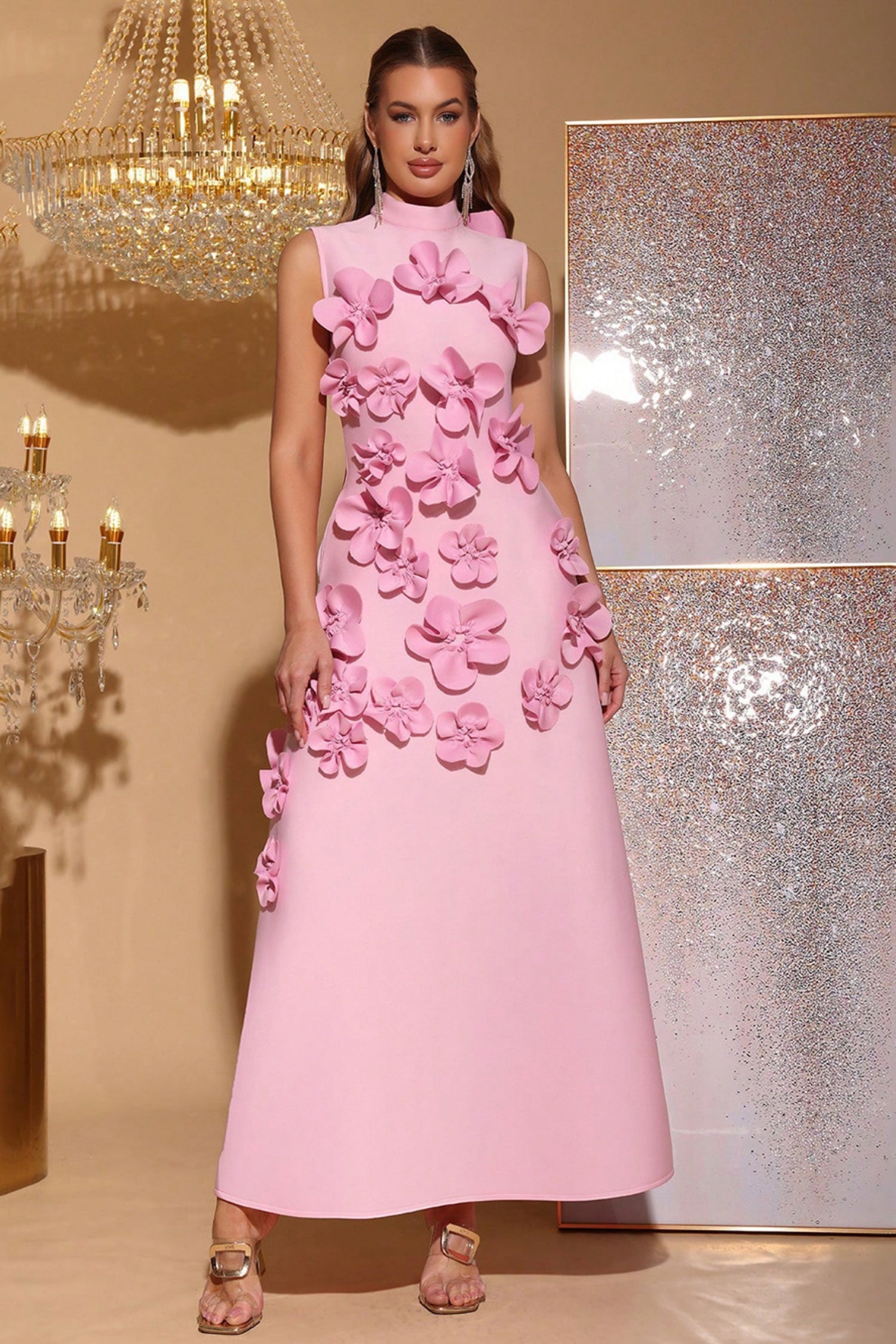 Elton Pink 3D Floral A-Line Maxi Dress Main image
