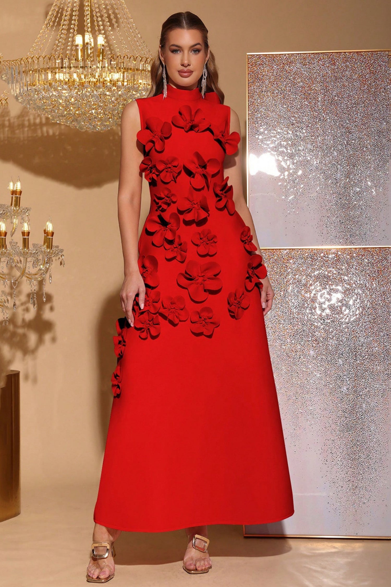 Elton Red 3D Floral A-Line Maxi Dress