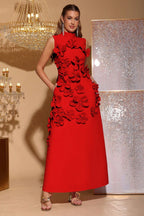 Elton Red 3D Floral A-Line Maxi Dress