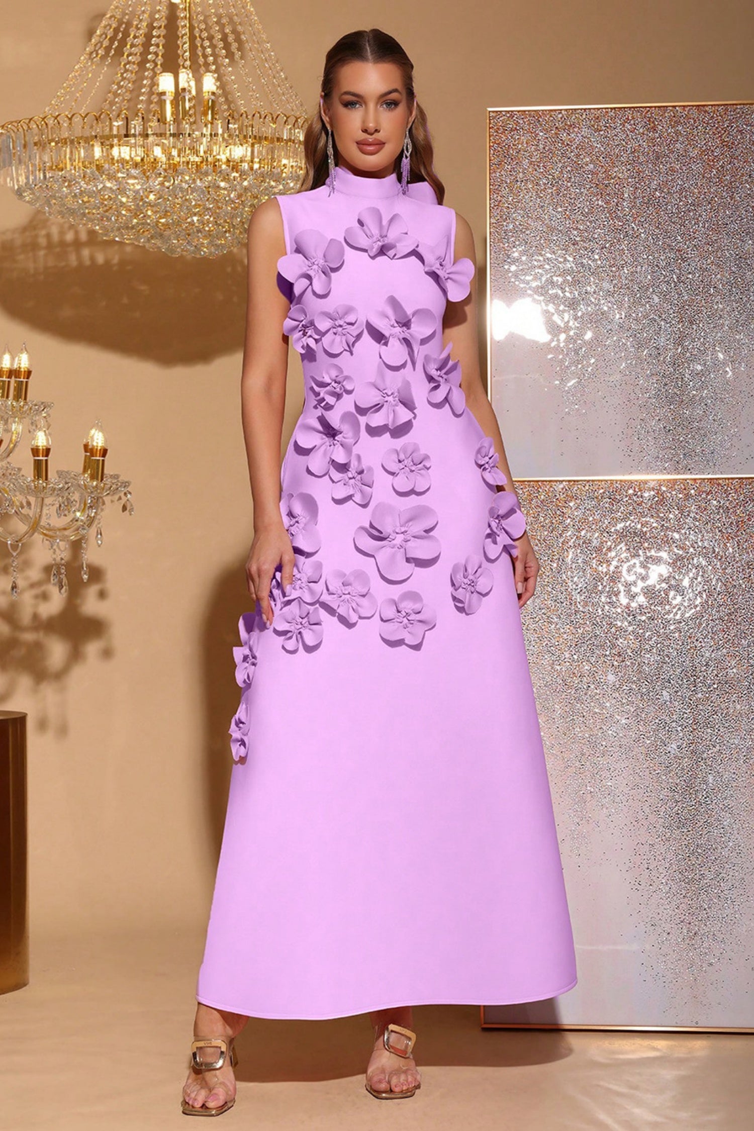 Elton Violet 3D Floral A-Line Maxi Dress Main image